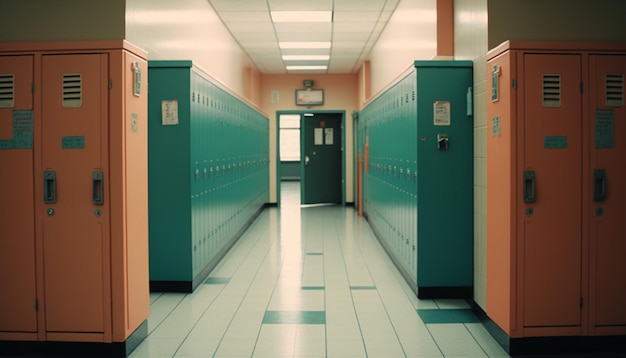 A hallway with green and orange tiles and a sign that says'school zone '