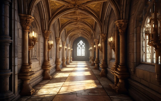 A hallway with a large arched doorway and a light on the ceiling.