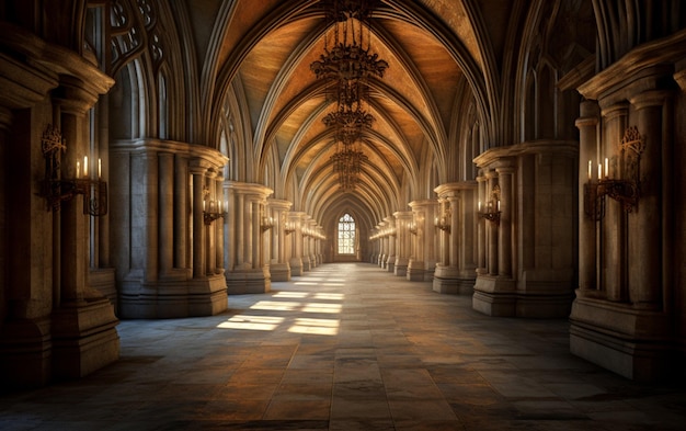 A hallway with a large archway and a light on the ceiling