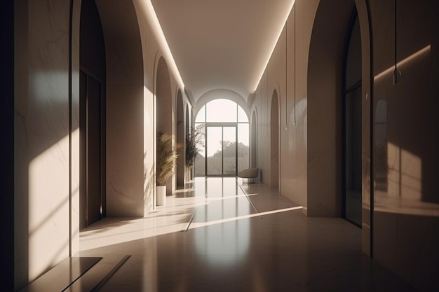 A hallway with a large window that has a light on it.