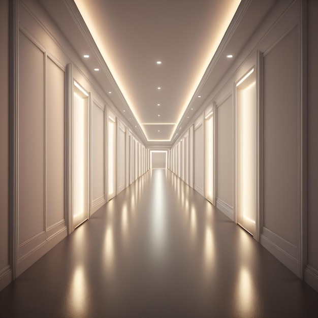 Photo a hallway with a light that is on the ceiling