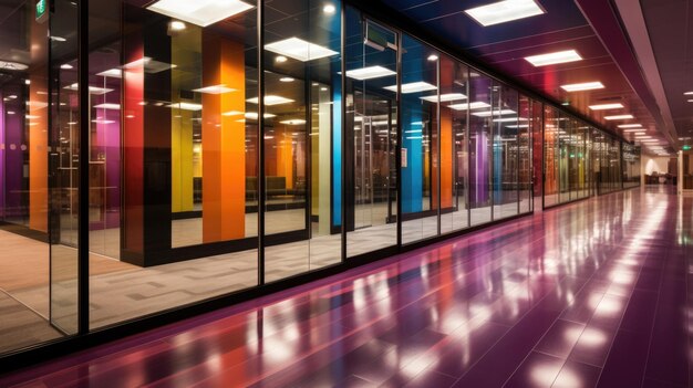 A hallway with many colorful glass doors ai