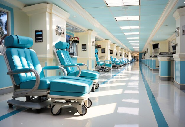 a hallway with medical chairs in the background