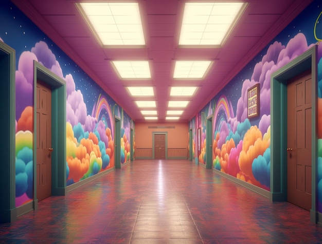 A hallway with a mural of a rainbow and a sign that says " rainbow ".