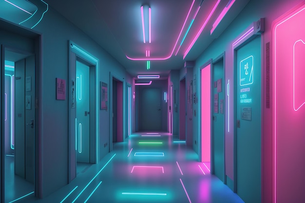 Premium AI Image | a hallway with neon lights background