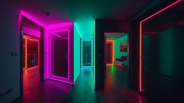 A hallway with neon lights and a door that says'neon'on it