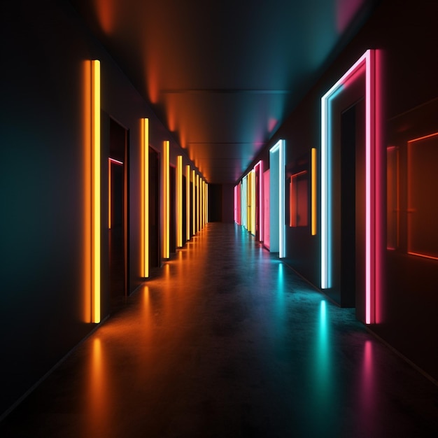 A hallway with neon lights and doors on it