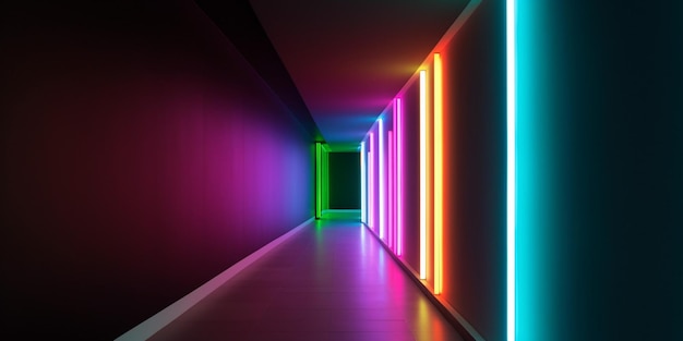 A hallway with neon lights on it