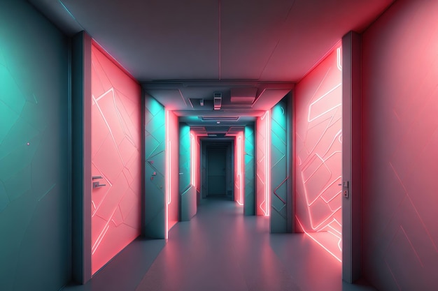 A hallway with neon lights on the walls and a blue and red neon sign that says'neon '