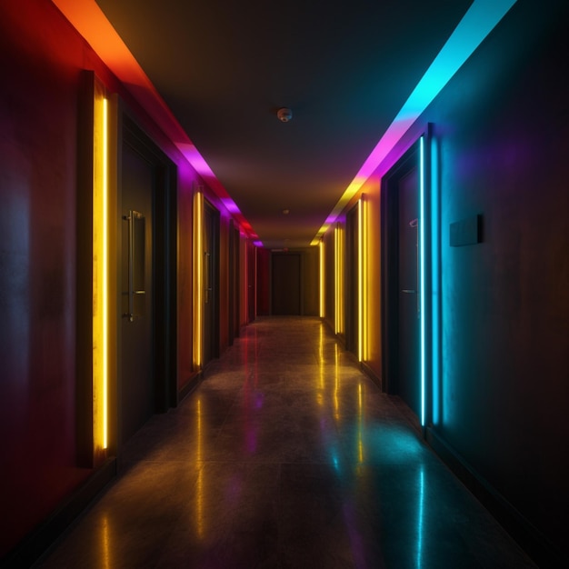 A hallway with neon lights on the walls