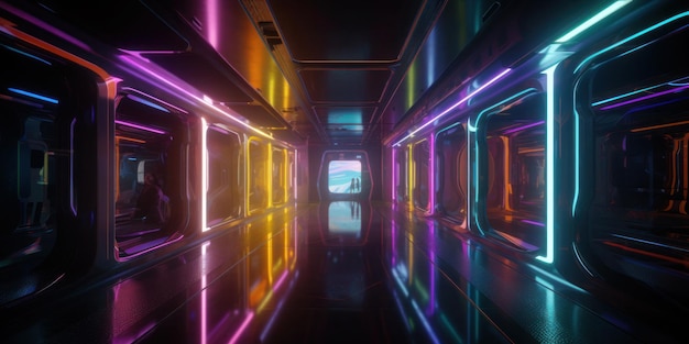 A hallway with neon lights and a window that says'neon'on it