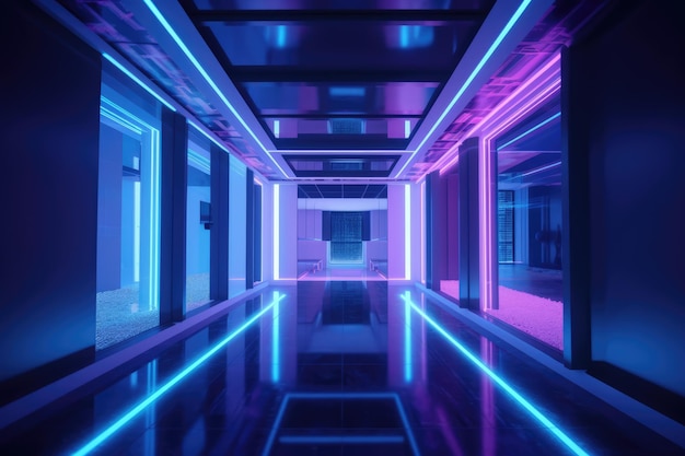 A hallway with neon lights