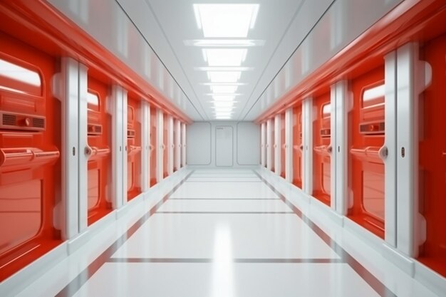 A hallway with orange doors that say's " on the bottom.