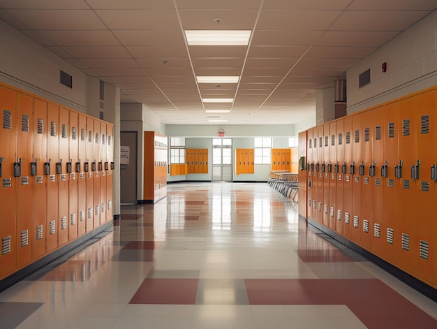 A hallway with orange doors