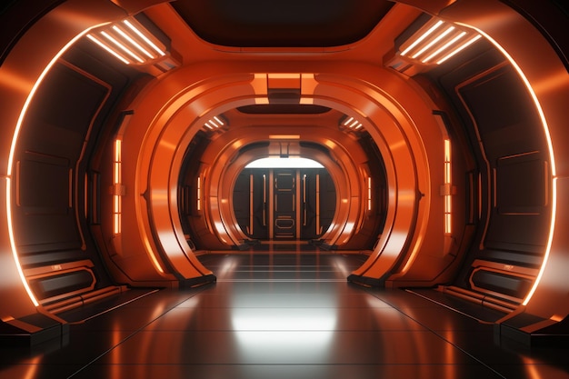 a hallway with orange lights