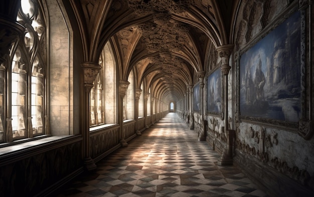 A hallway with paintings on the walls and a ceiling that says'the palace of versailles '