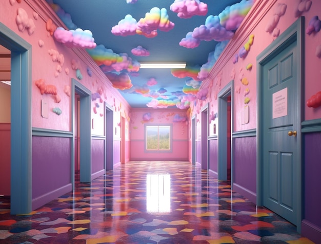 A hallway with a pink door that has clouds on it