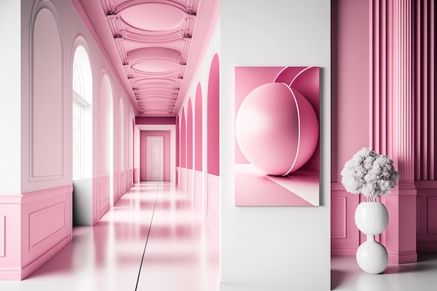 A hallway with a pink wall that has a picture of a ball on it.