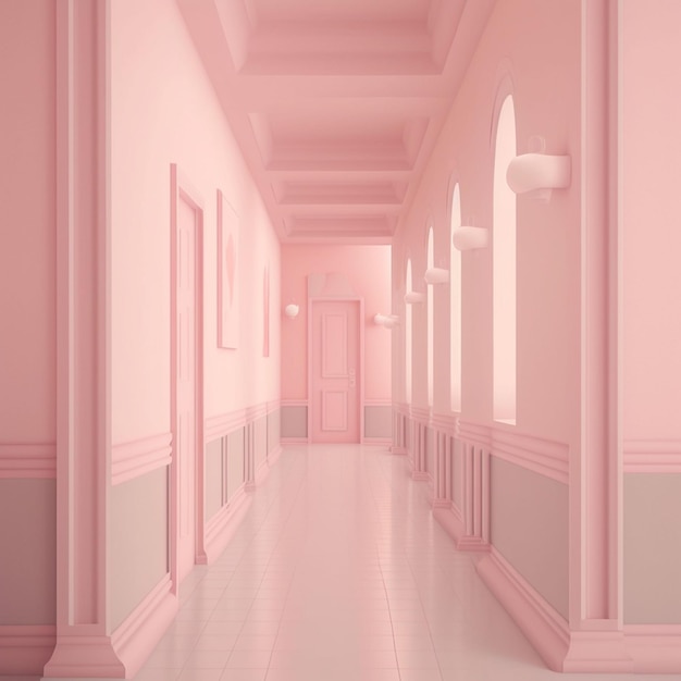 A hallway with pink walls and white trim.