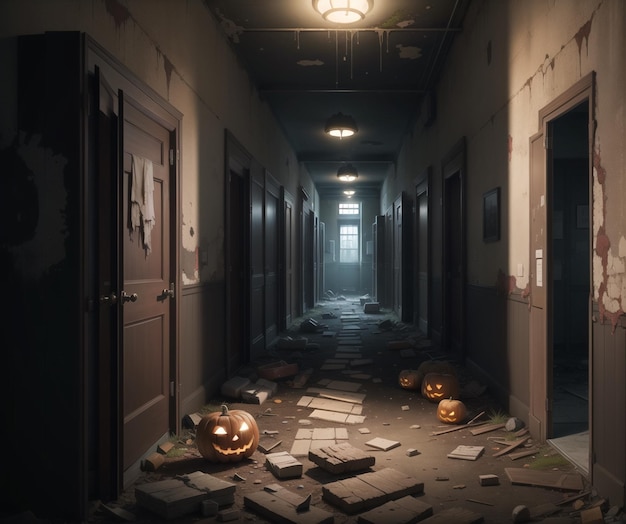 A hallway with pumpkins on the floor