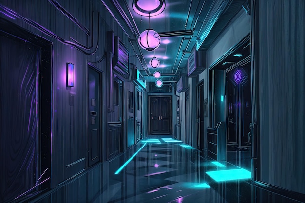 a hallway with purple lights and a blue light on the ceiling