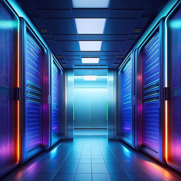 A hallway with purple and orange lights and a blue panel with the server racks on the sides