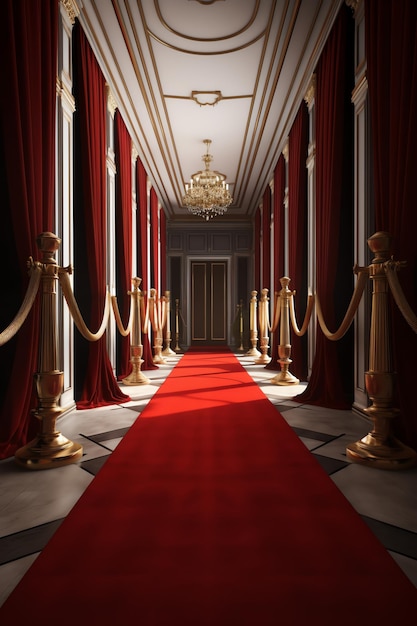 A hallway with a red carpet and gold pillars.