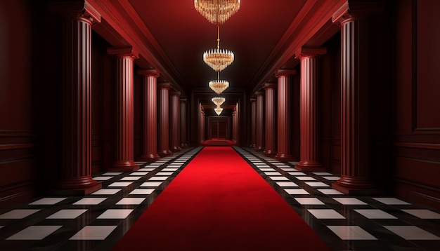 A hallway with red carpet and lights