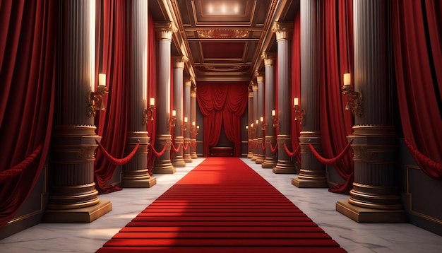 A hallway with red curtains and a red carpet.