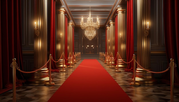 A hallway with red curtains and a red carpet