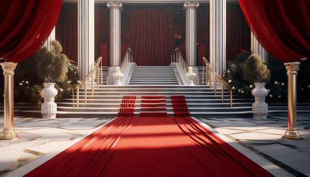 A hallway with red curtains and a red carpet