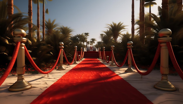 A hallway with red curtains and a red carpet