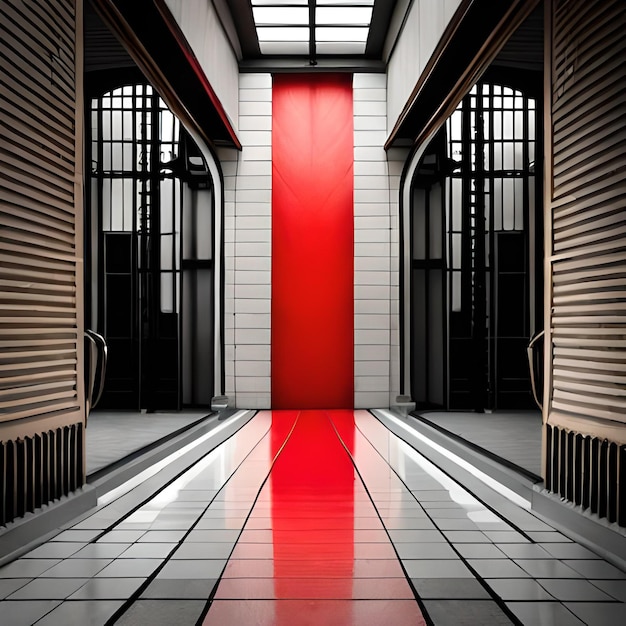 A hallway with a red door and a red door.