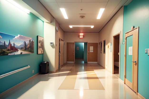 A hallway with a red exit sign on the wall