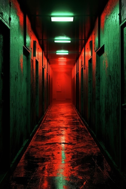 A hallway with a red light on the ceiling