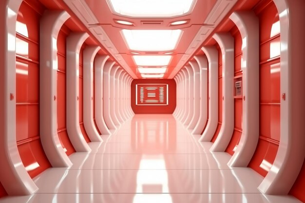 A hallway with red walls and a white floor that says " the word " on it.
