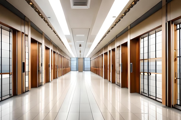 A hallway with a row of doors that say's " on it "