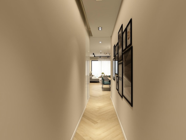 A hallway with a row of framed pictures on the wall and a couch in the background.