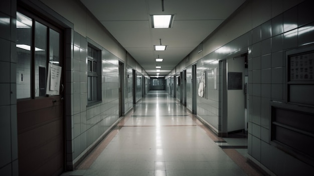 A hallway with a sign on the wall that says'the word police'on it