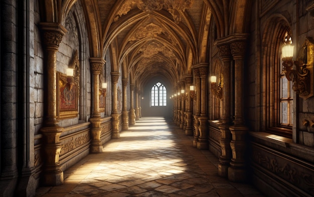 A hallway with a stone archway and a lamp on the ceiling.