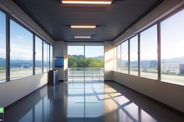 A hallway with a view of the mountains in the distance