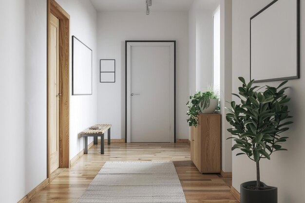 A hallway with a white door and a potted plant