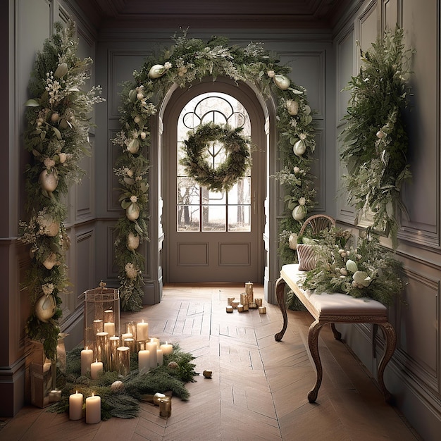 hallway with wreaths and garlands hanging along the wall decoration