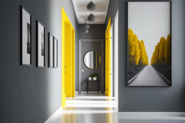 A hallway with yellow doors and a picture of a street.