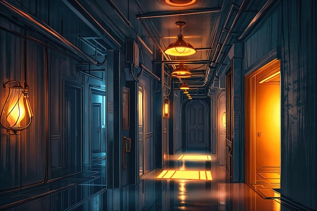 a hallway with yellow lights and a red light on the ceiling