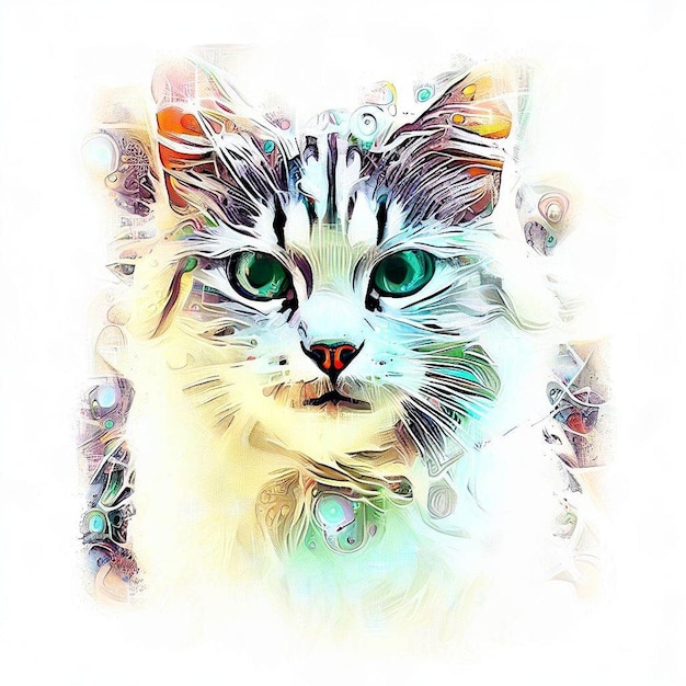 Haloed Feline Fusion Digital Art Print of a Cat with Matrix Elements Flashes of Light and Drops