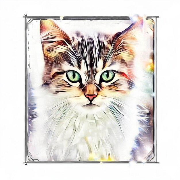 Haloed Feline Fusion Digital Art Print of a Cat with Matrix Elements Flashes of Light and Drops