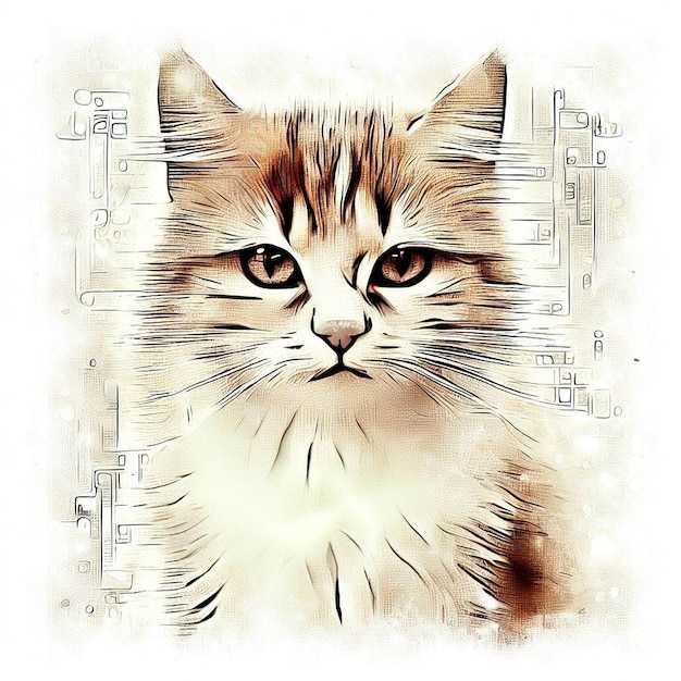 Haloed Feline Fusion Digital Art Print of a Cat with Matrix Elements Flashes of Light and Drops