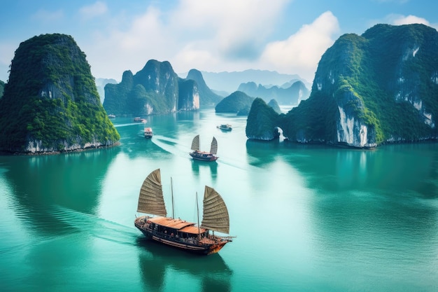 Foto baia di halong vietnam famosa attrazione turistica in vietnam viaggi in asia bellissimo paesaggio della baia di ha long visto dall'alto dell'isola di bo hon generato dall'ai