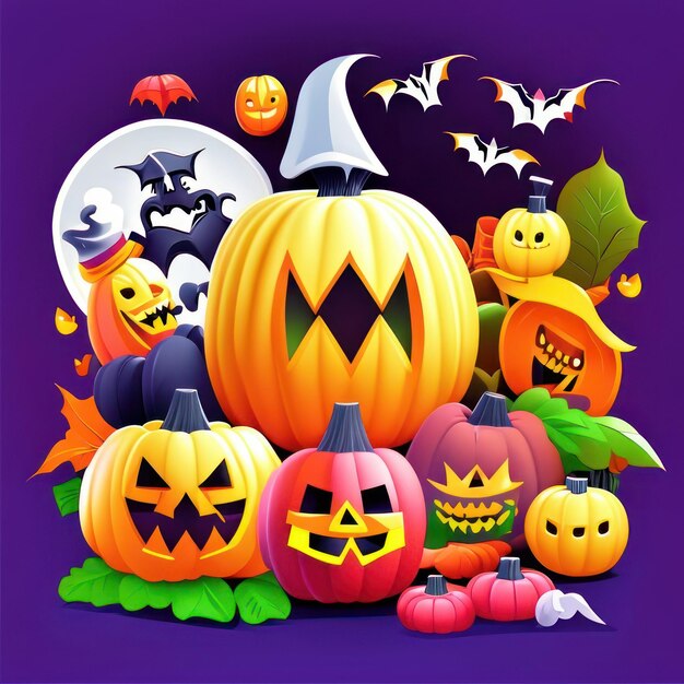 Haloween background with pumpkins witches and bats generative ai